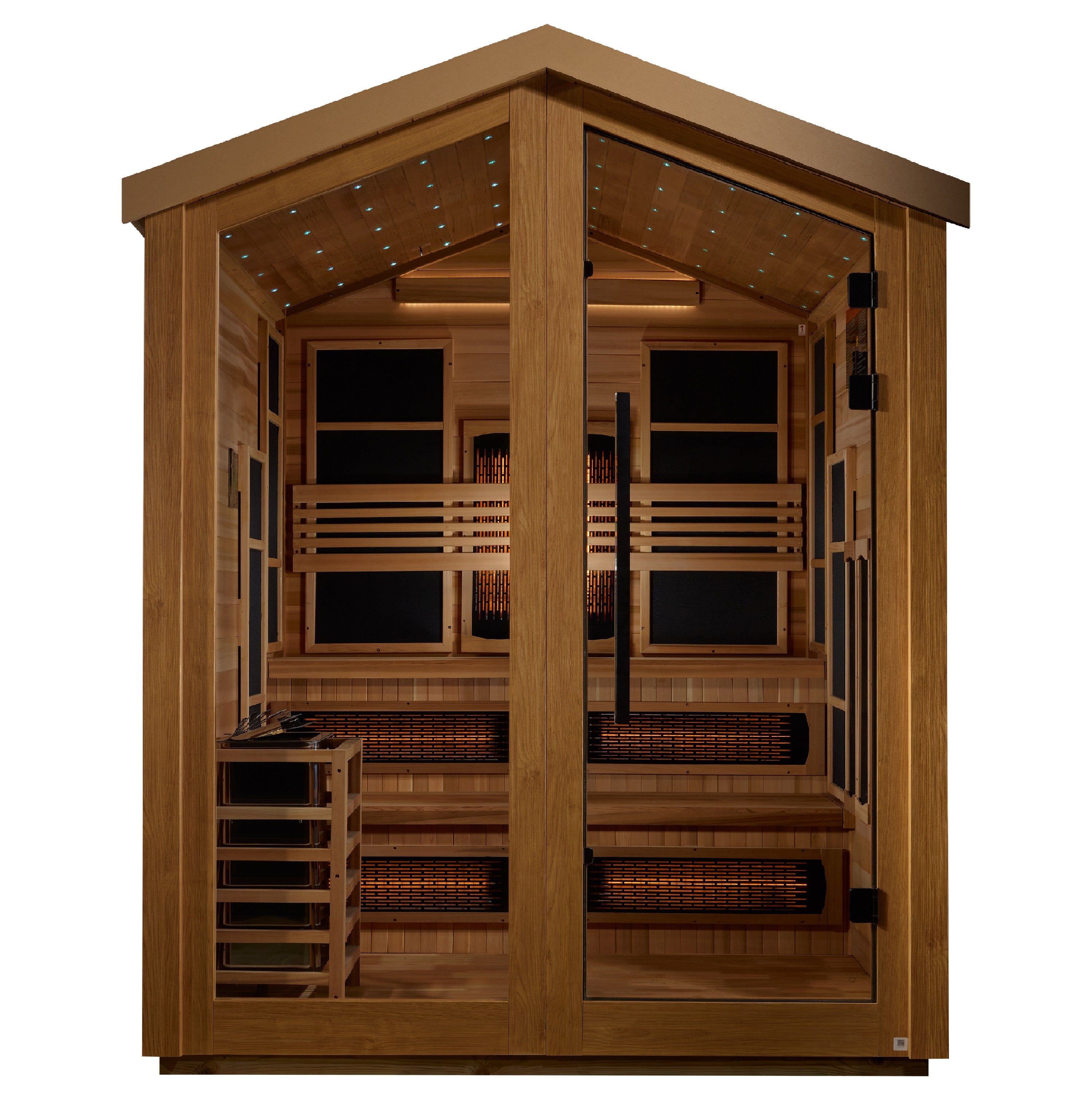 Golden Designs “Kaskinen” 6–Person Hybrid Outdoor Sauna — PureTech™ Full-Spectrum Infrared + Traditional Stove, Red Cedar Interior, Chromotherapy & Bluetooth Audio