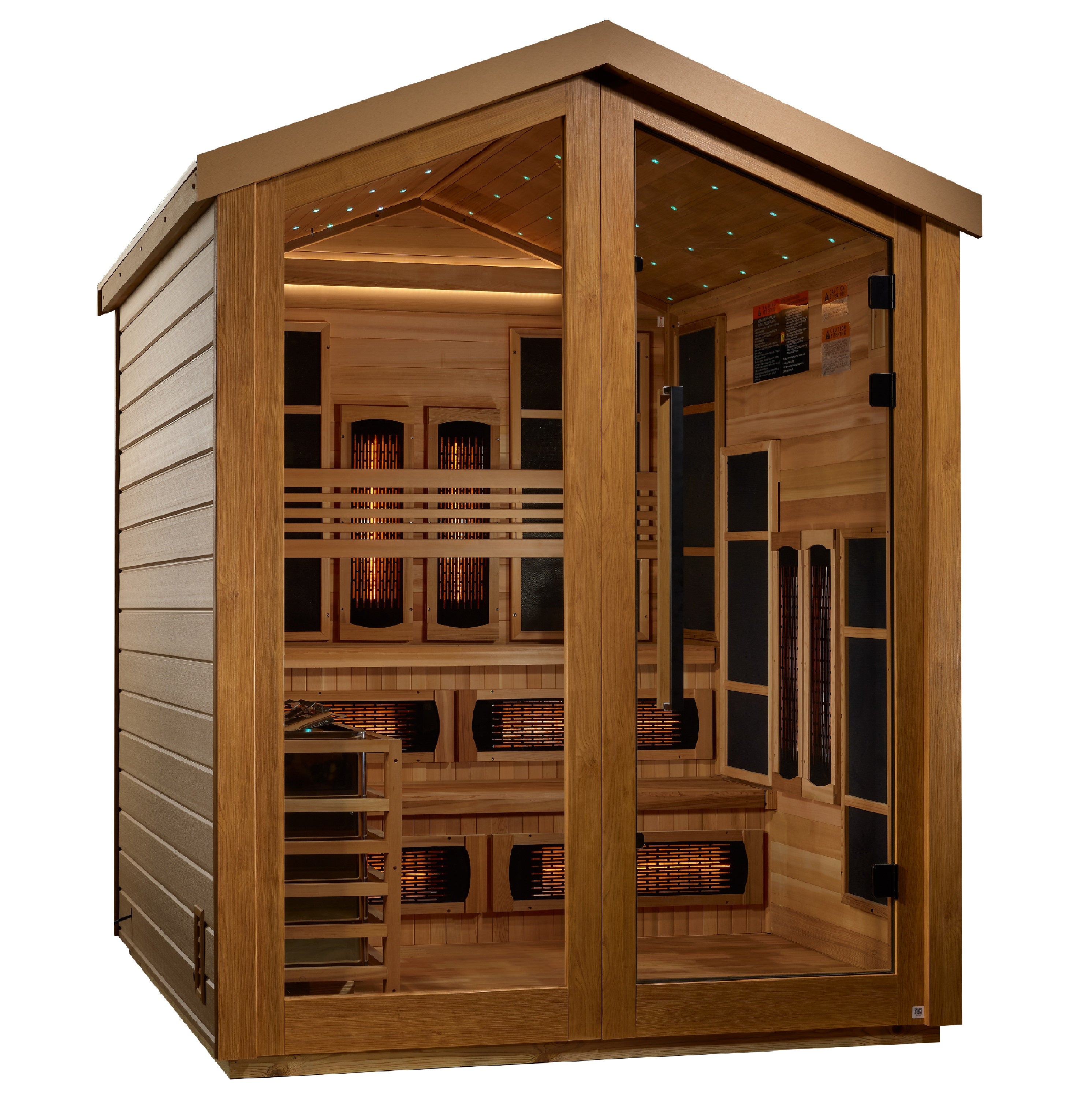 Golden Designs “Kaskinen” 6–Person Hybrid Outdoor Sauna — PureTech™ Full-Spectrum Infrared + Traditional Stove, Red Cedar Interior, Chromotherapy & Bluetooth Audio