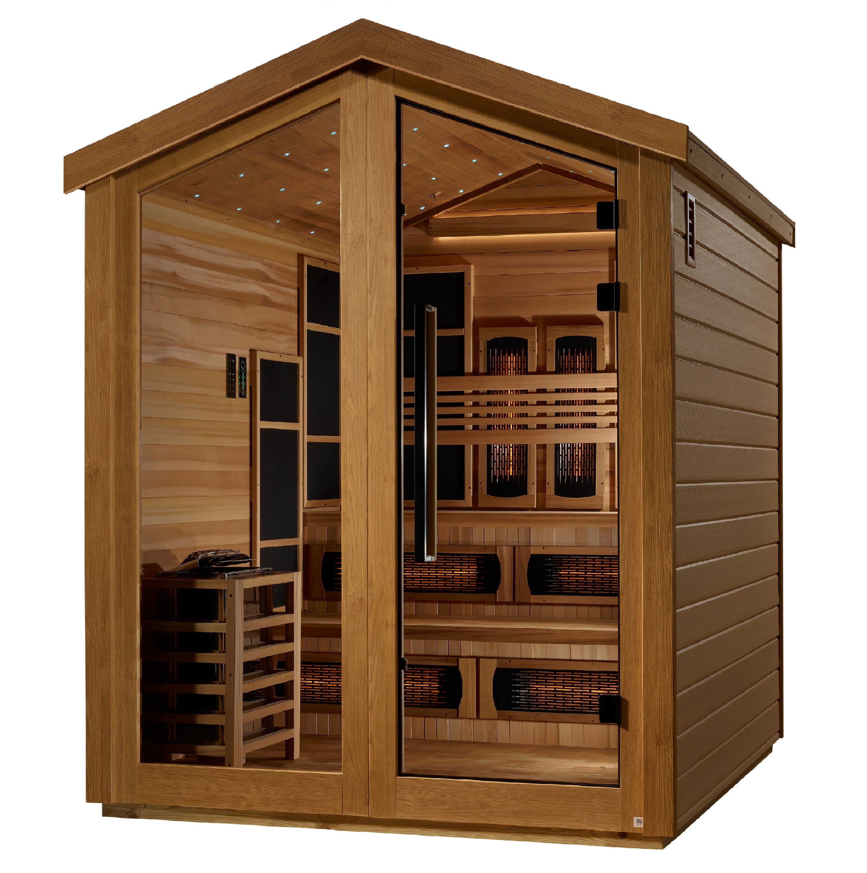 Golden Designs “Kaskinen” 6–Person Hybrid Outdoor Sauna — PureTech™ Full-Spectrum Infrared + Traditional Stove, Red Cedar Interior, Chromotherapy & Bluetooth Audio