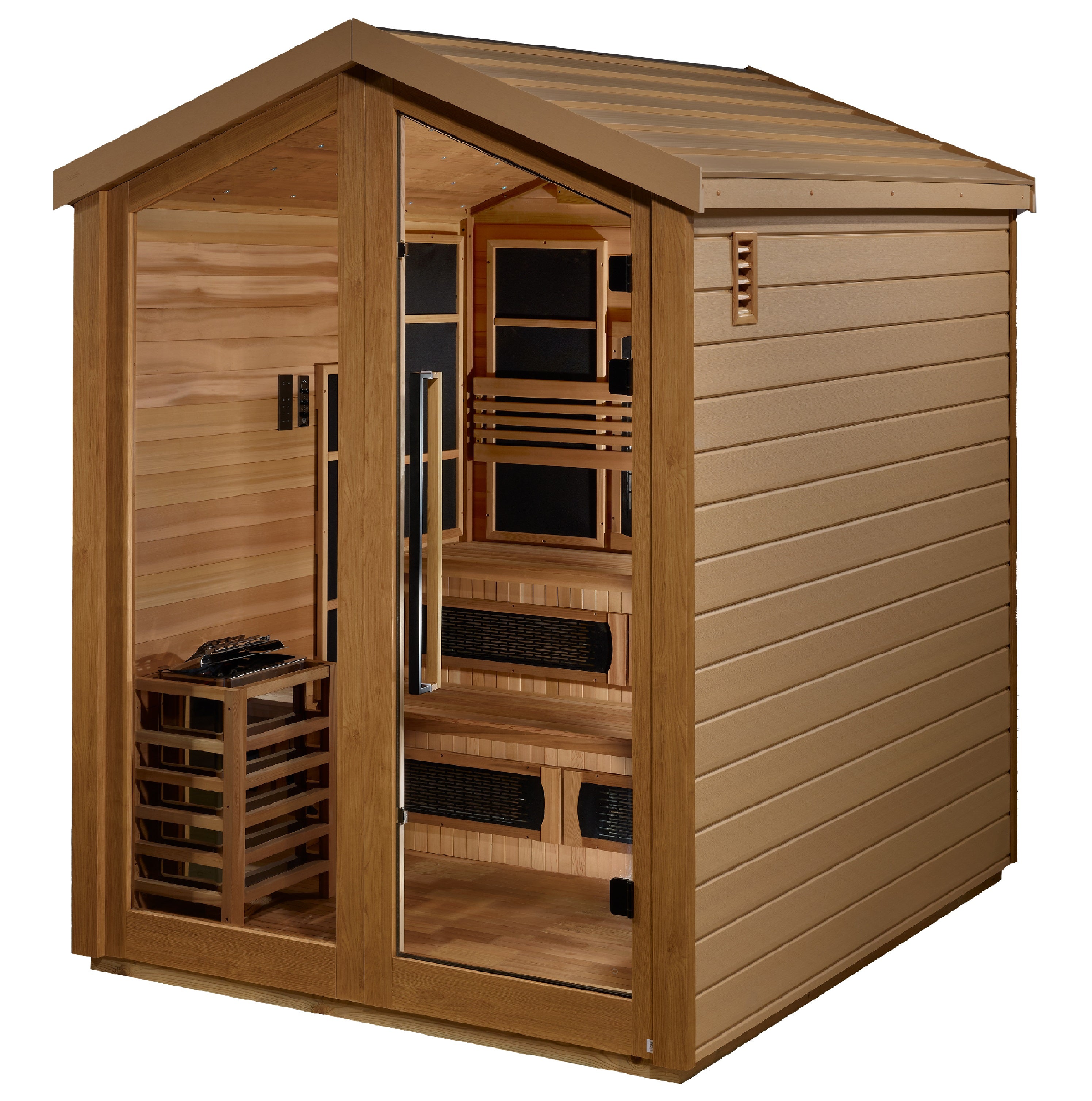 Golden Designs “Kaskinen” 6–Person Hybrid Outdoor Sauna — PureTech™ Full-Spectrum Infrared + Traditional Stove, Red Cedar Interior, Chromotherapy & Bluetooth Audio
