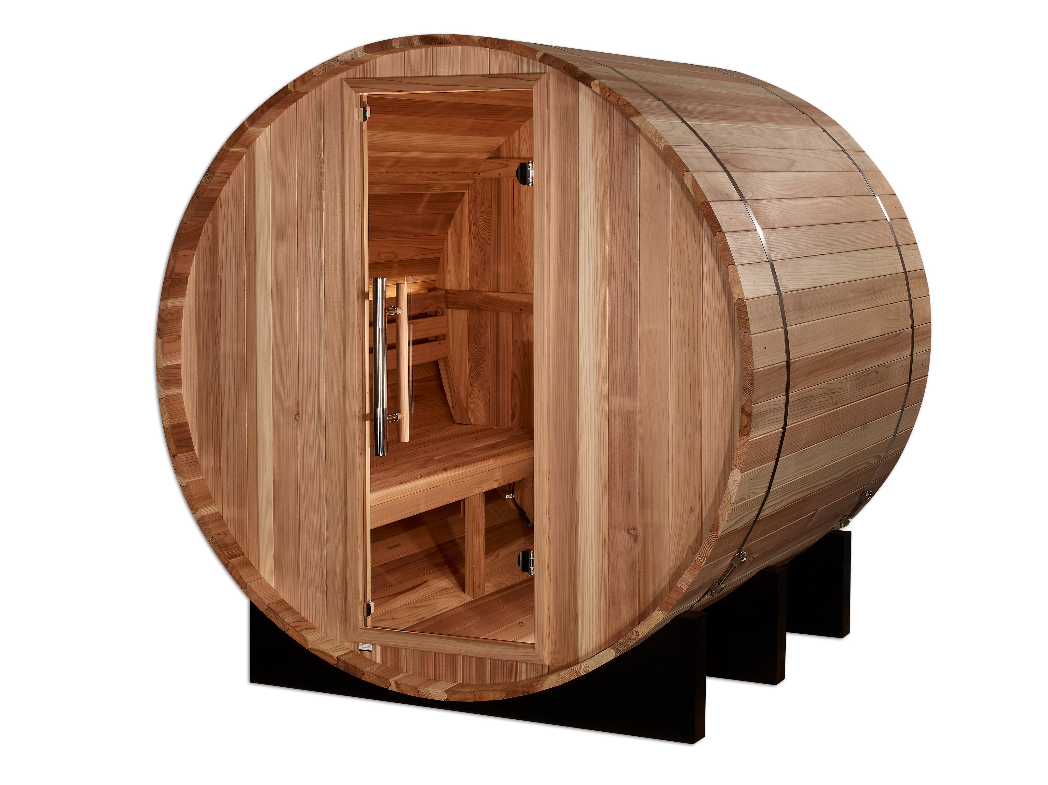 Golden Designs “St. Moritz” 2–Person Barrel Traditional Sauna — Pacific Premium Cedar, Bronze Privacy Door