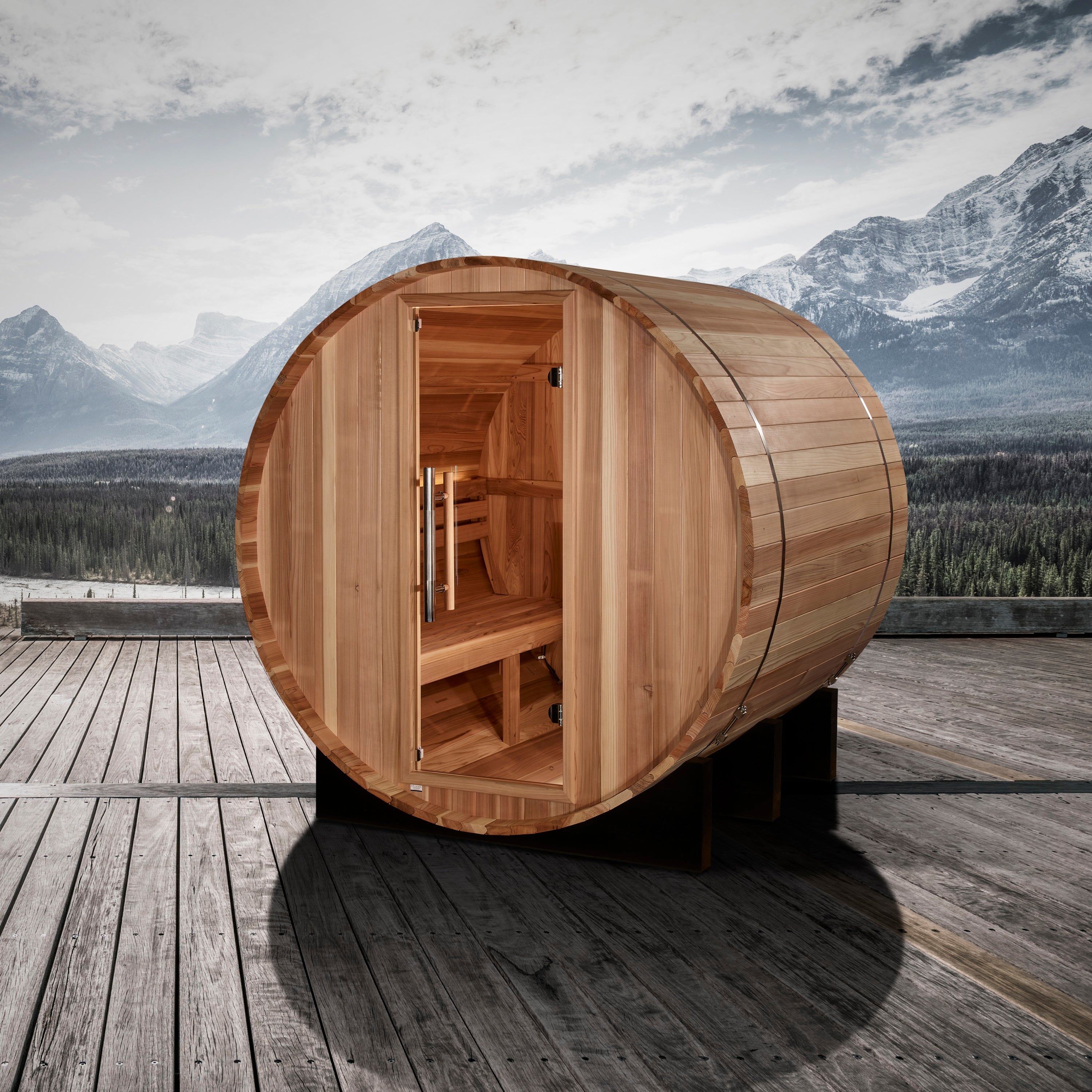 Golden Designs “St. Moritz” 2–Person Barrel Traditional Sauna — Pacific Premium Cedar, Bronze Privacy Door