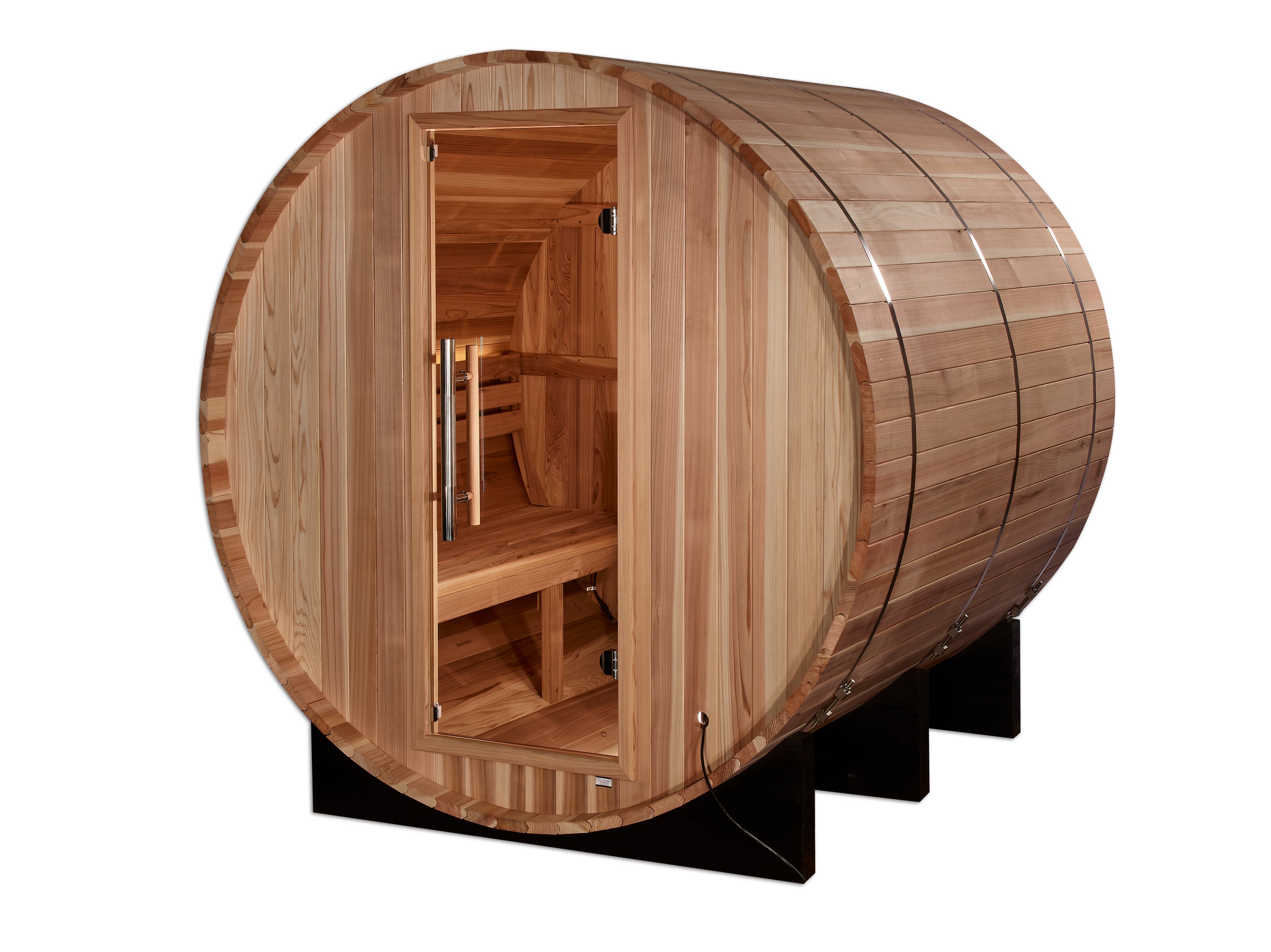 Golden Designs “Arosa” 4–Person Barrel Traditional Sauna — Pacific Premium Cedar, Bronze Privacy Door