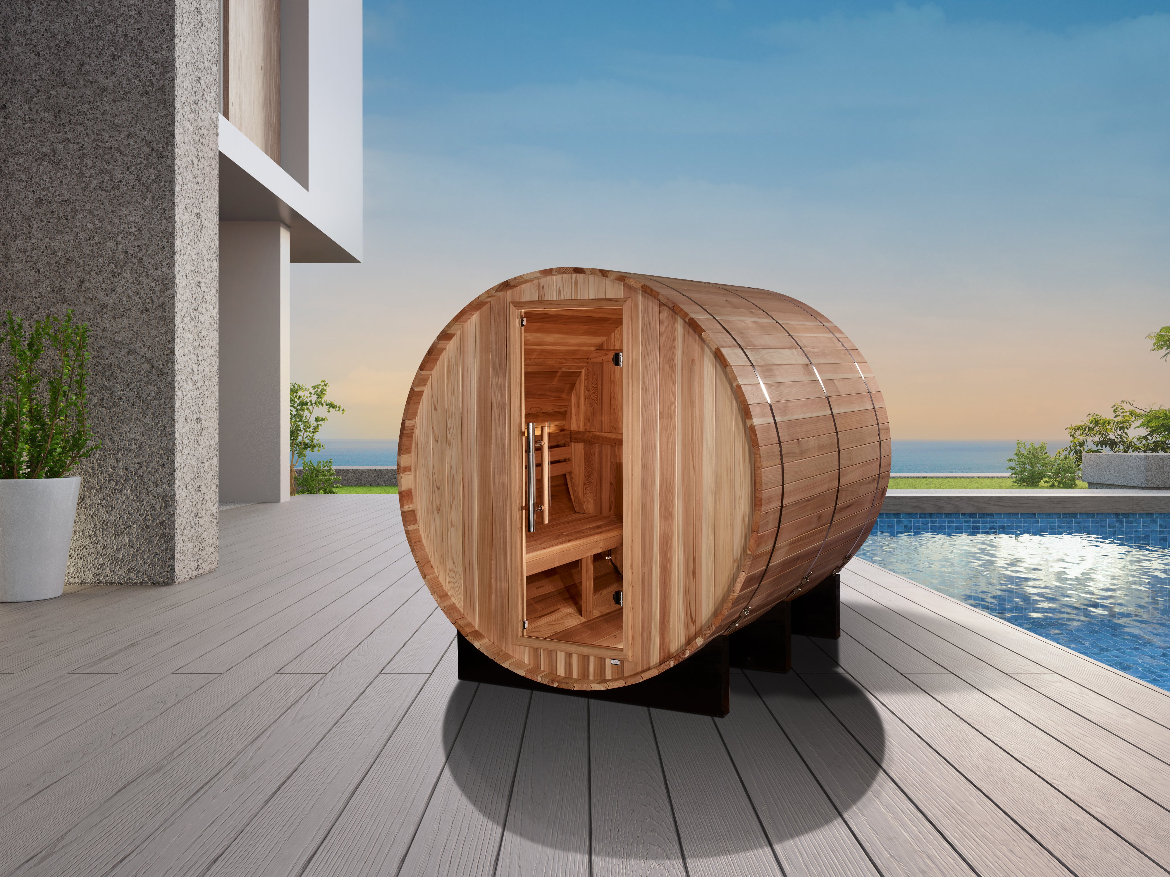 Golden Designs “Arosa” 4–Person Barrel Traditional Sauna — Pacific Premium Cedar, Bronze Privacy Door