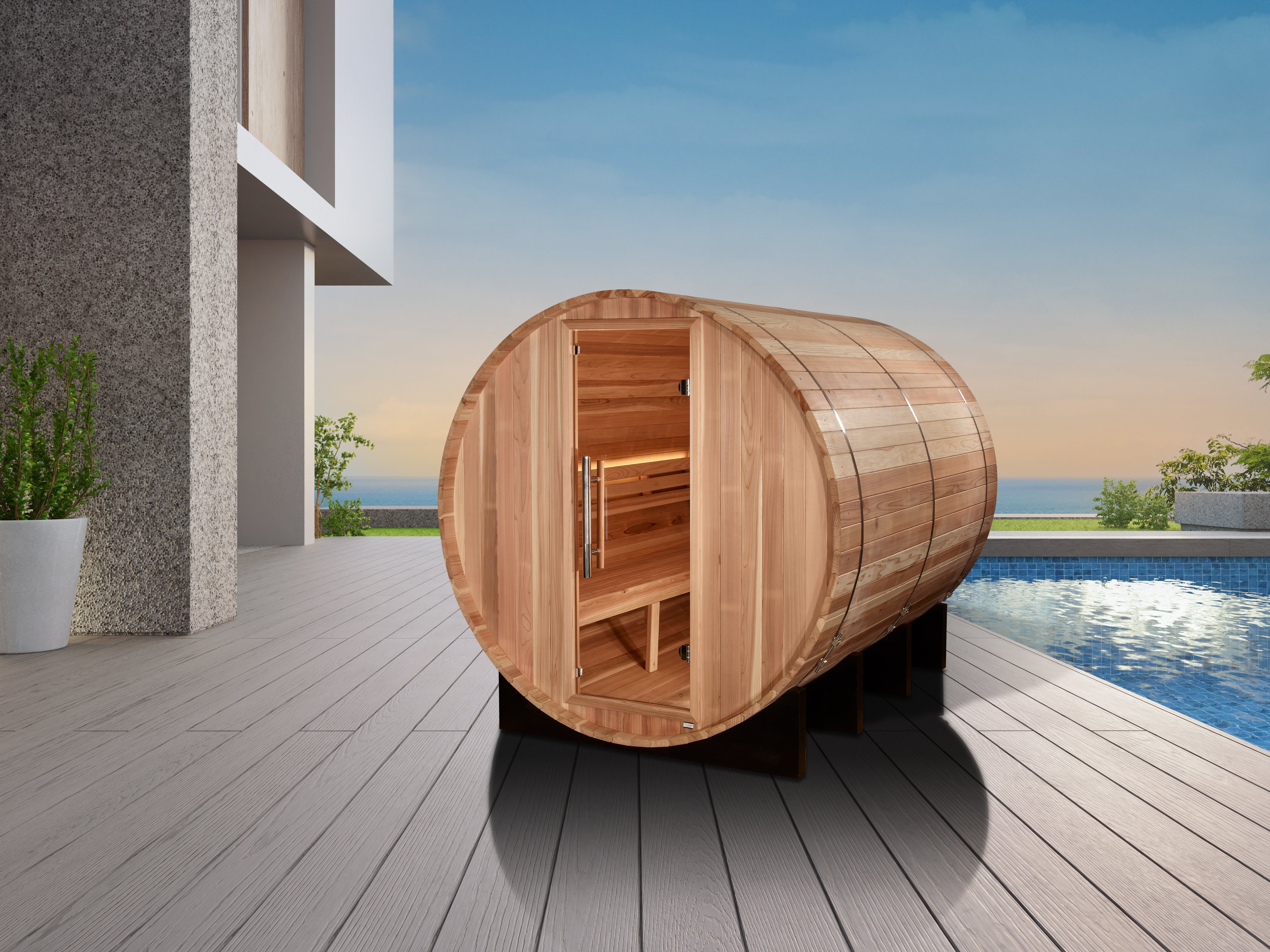 Golden Designs “Klosters” 6–Person Barrel Traditional Sauna — Pacific Premium Cedar, Bronze Privacy Door