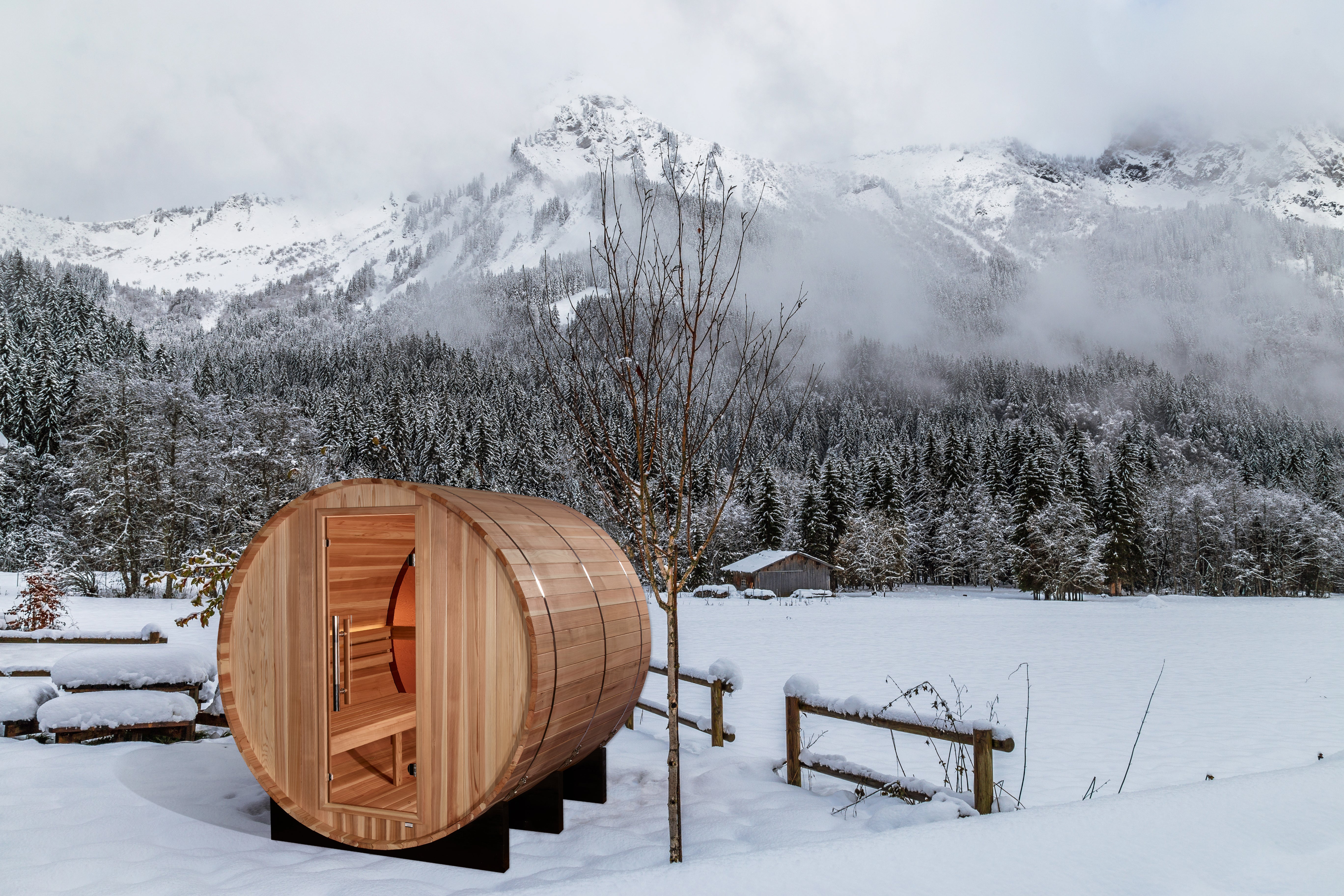 Golden Designs “Zurich” 4–Person Barrel Traditional Sauna — with Bronze Privacy View, Pacific Premium Cedar