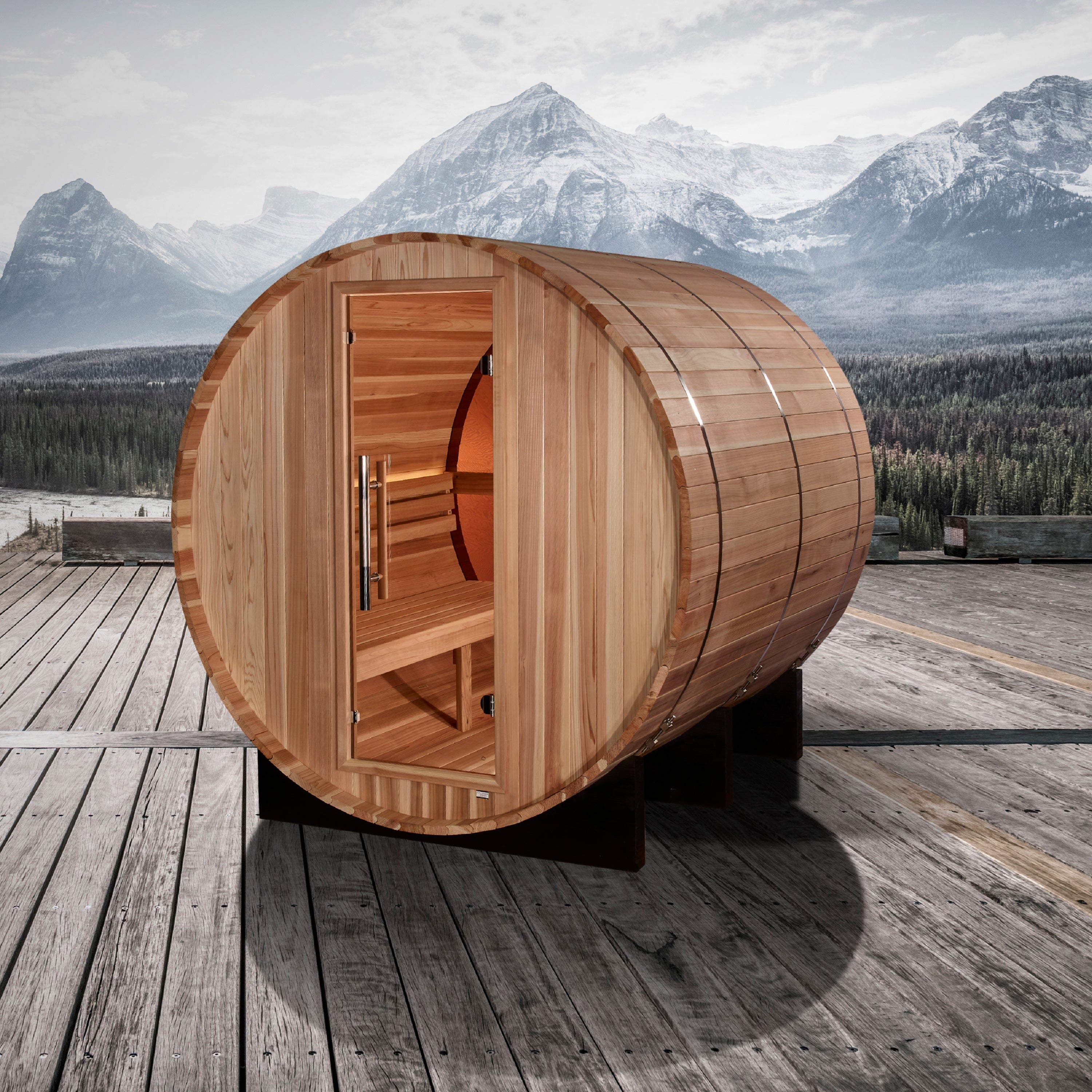 Golden Designs “Zurich” 4–Person Barrel Traditional Sauna — with Bronze Privacy View, Pacific Premium Cedar