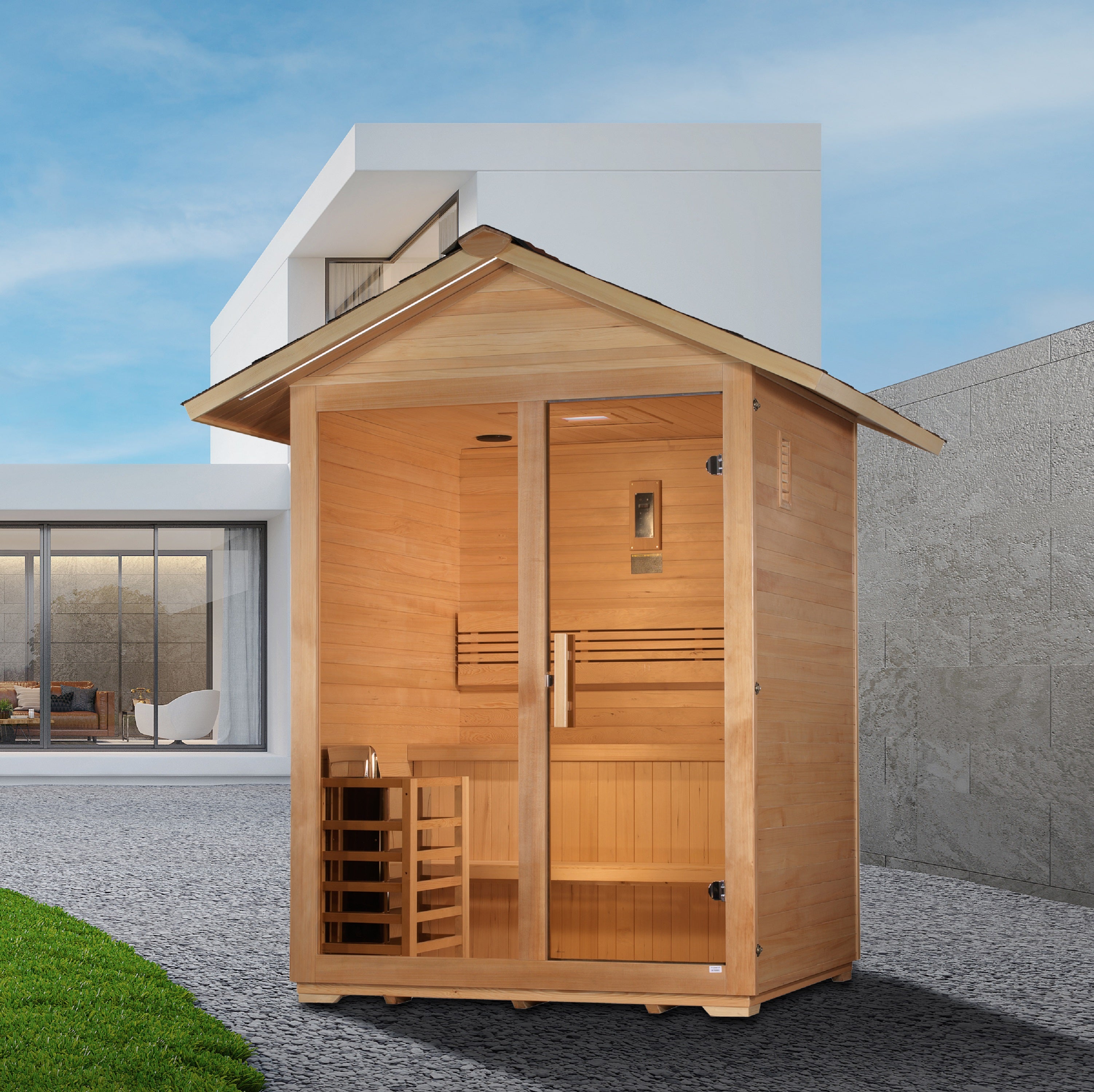 Golden Designs “Arlberg” 3–Person Traditional Outdoor Sauna (Canadian Hemlock) — with Chromotherapy & Bluetooth Audio