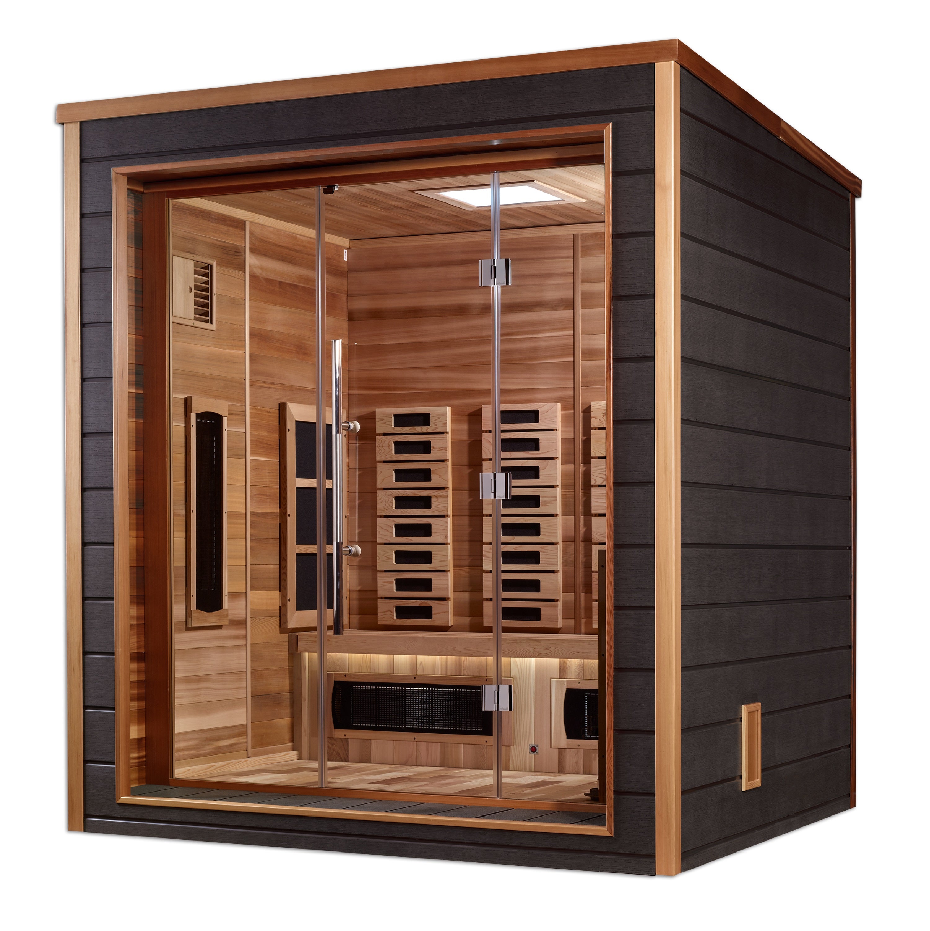 Golden Designs “Visby” 3–Person Hybrid Outdoor Modern Series Sauna — Full-Spectrum Infrared + Traditional Stove, Chromotherapy & Bluetooth Audio (Canadian Red Cedar Interior)