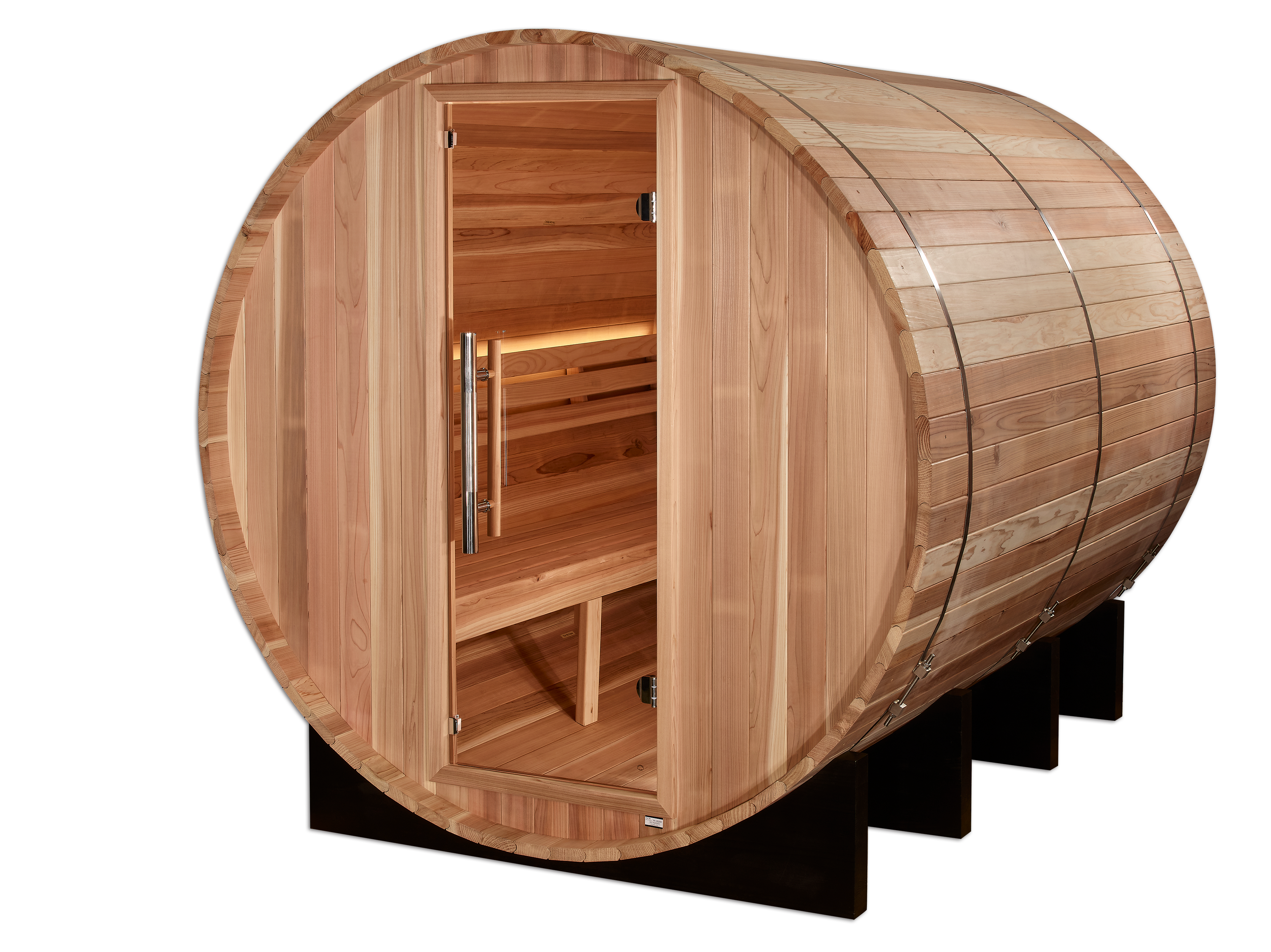 Golden Designs “Klosters” 6–Person Barrel Traditional Sauna — Pacific Premium Cedar, Bronze Privacy Door