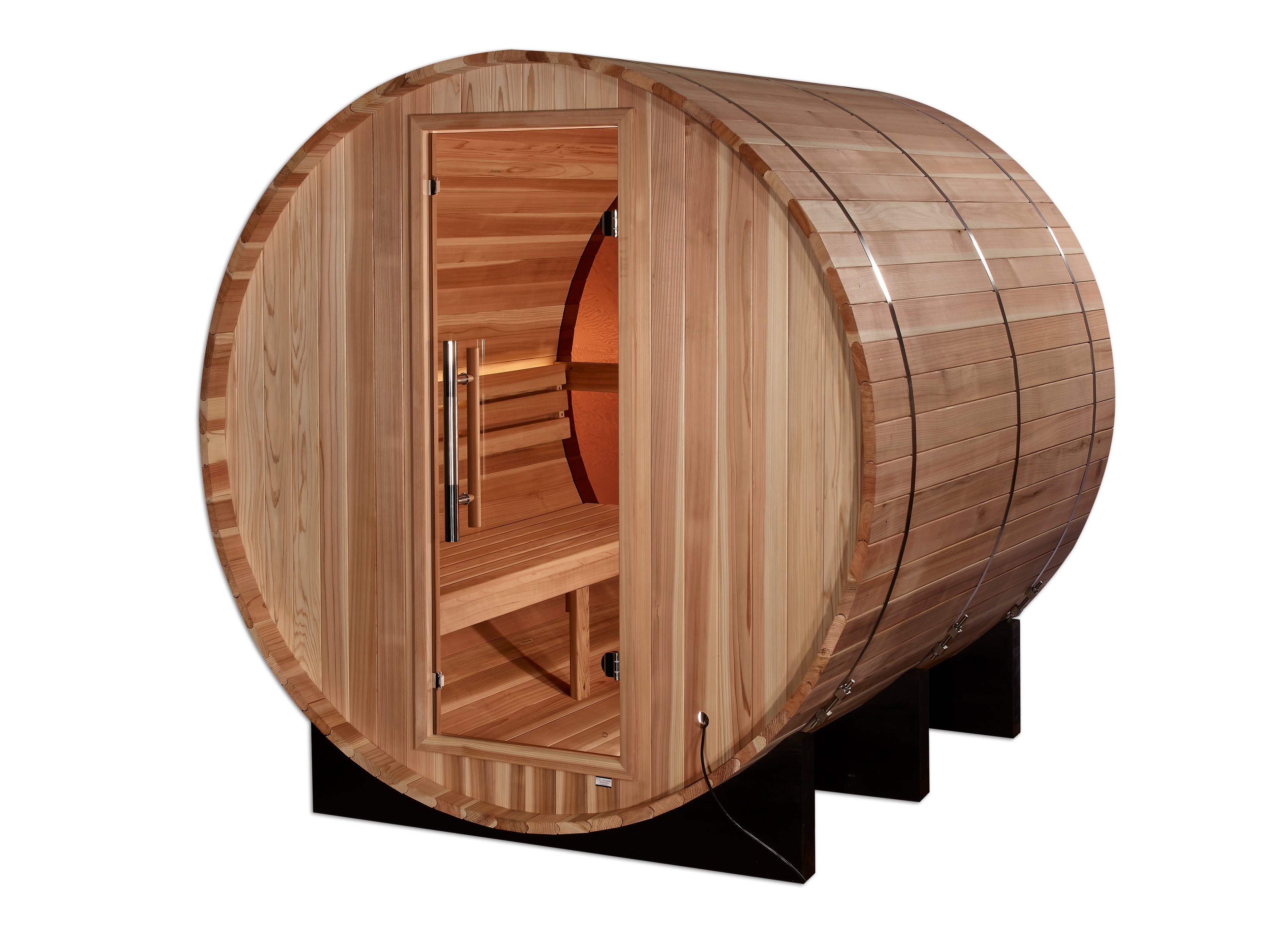 Golden Designs “Zurich” 4–Person Barrel Traditional Sauna — with Bronze Privacy View, Pacific Premium Cedar