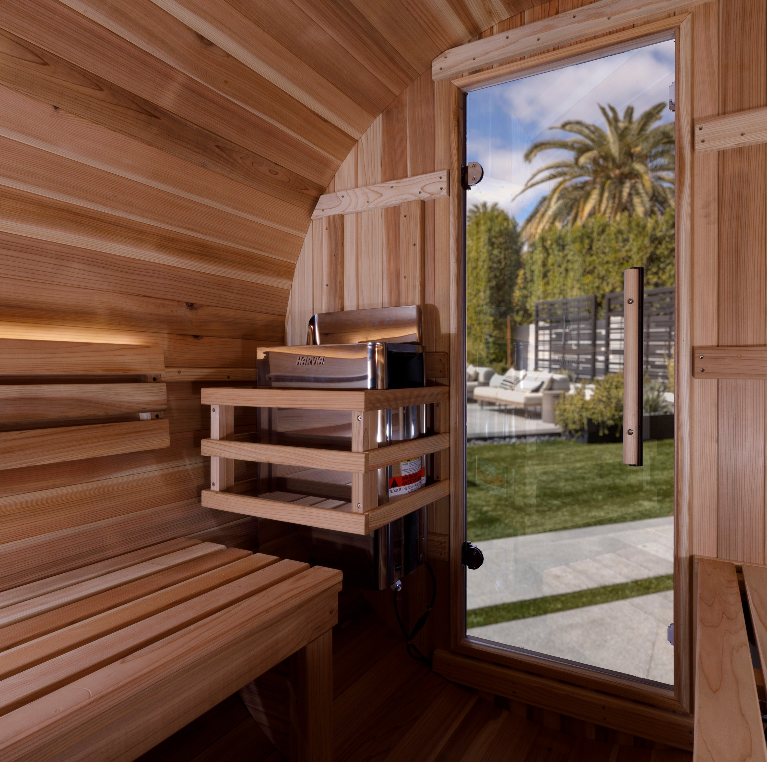 Golden Designs “Zurich” 4–Person Barrel Traditional Sauna — with Bronze Privacy View, Pacific Premium Cedar