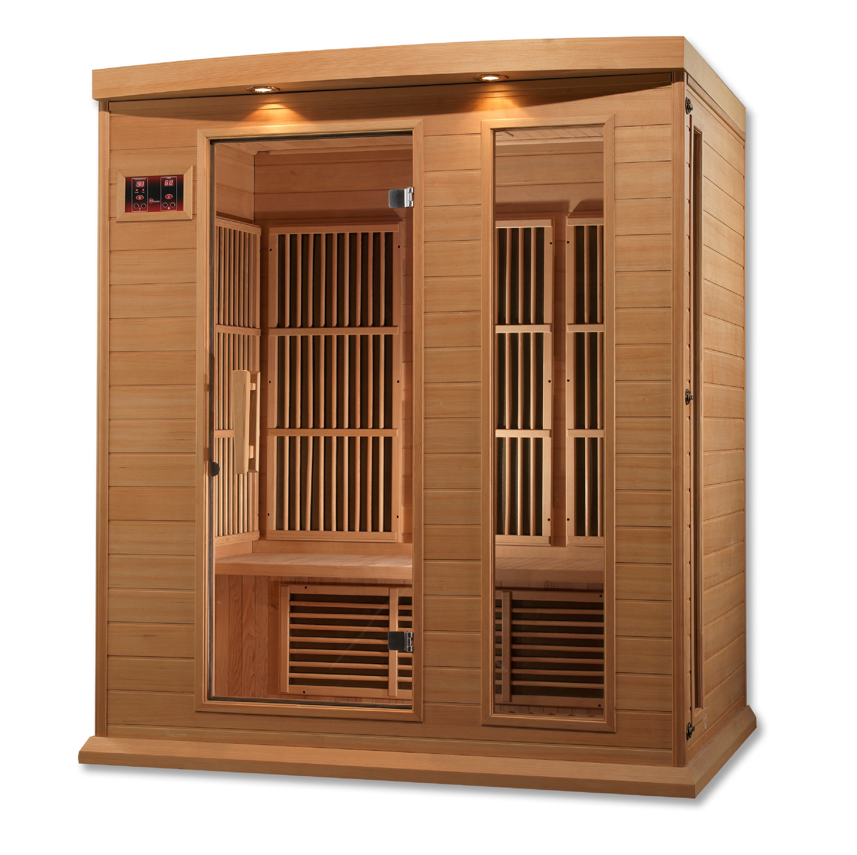 Maxxus 3–Person Low-EMF Infrared Sauna (Canadian Hemlock) — with Chromotherapy & Bluetooth Audio