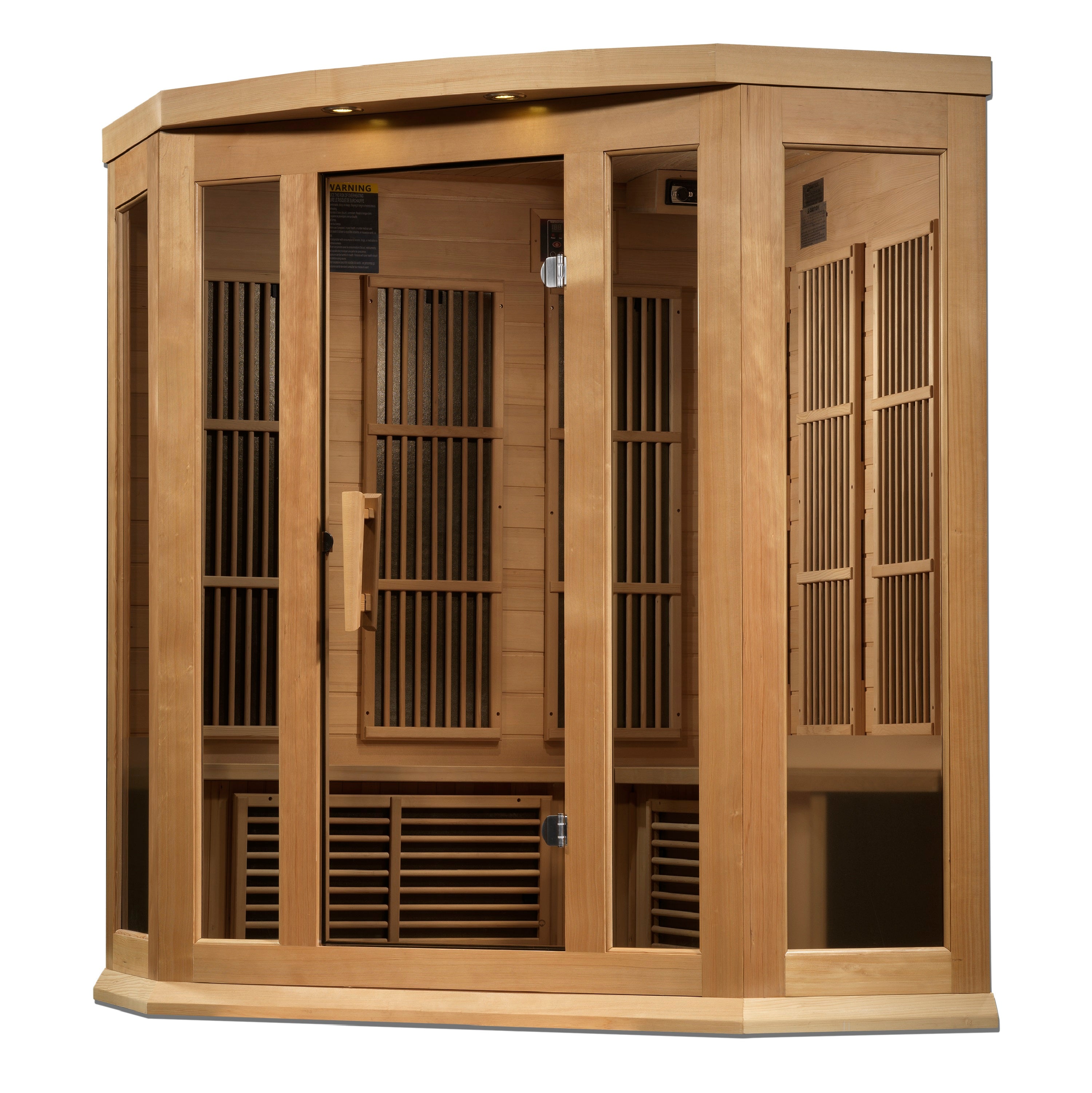 Maxxus 3–Person Corner Near Zero-EMF FAR Infrared Sauna (Canadian Hemlock) — with Chromotherapy & Bluetooth Audio