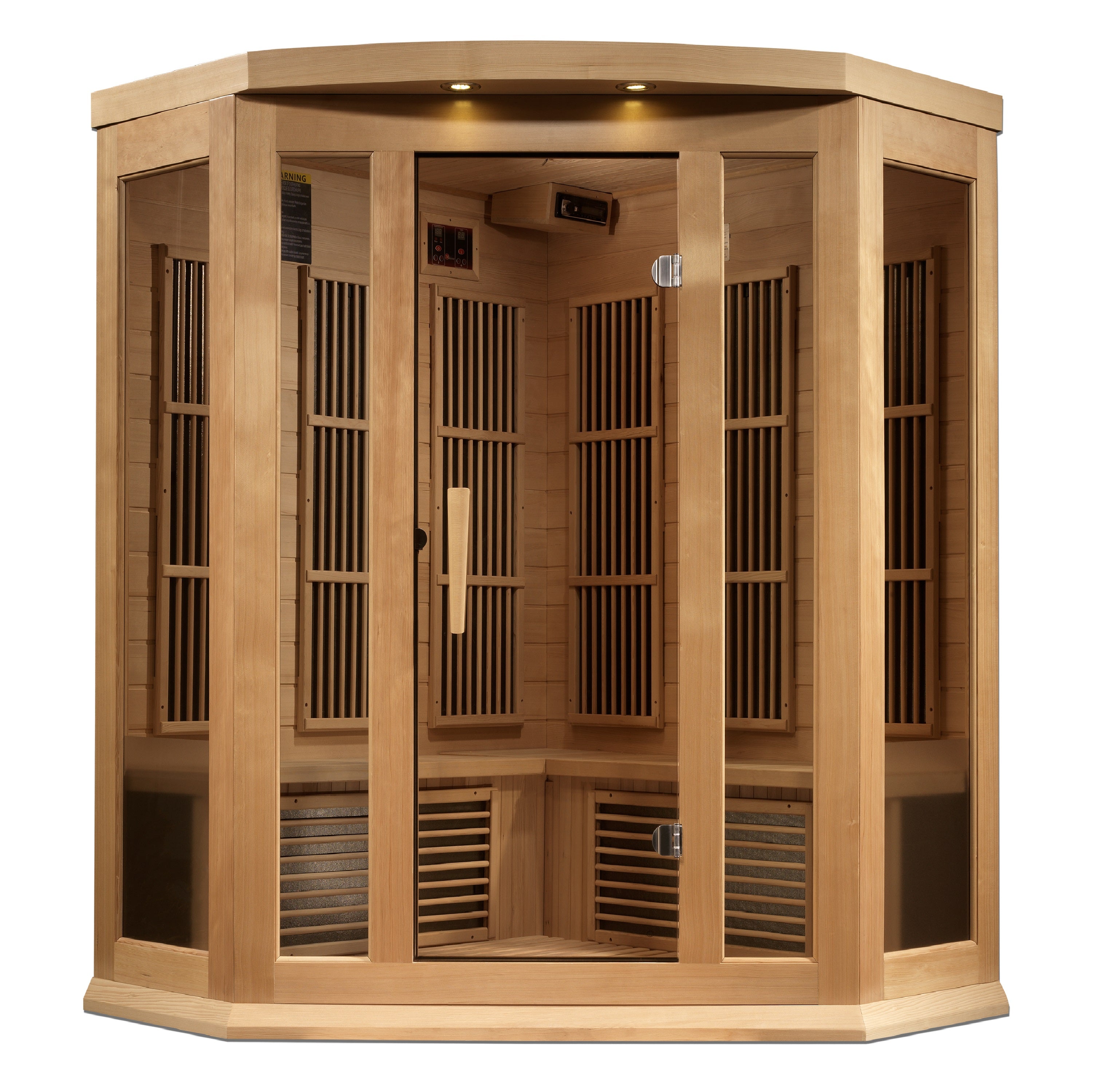 Maxxus 3–Person Corner Near Zero-EMF FAR Infrared Sauna (Canadian Hemlock) — with Chromotherapy & Bluetooth Audio