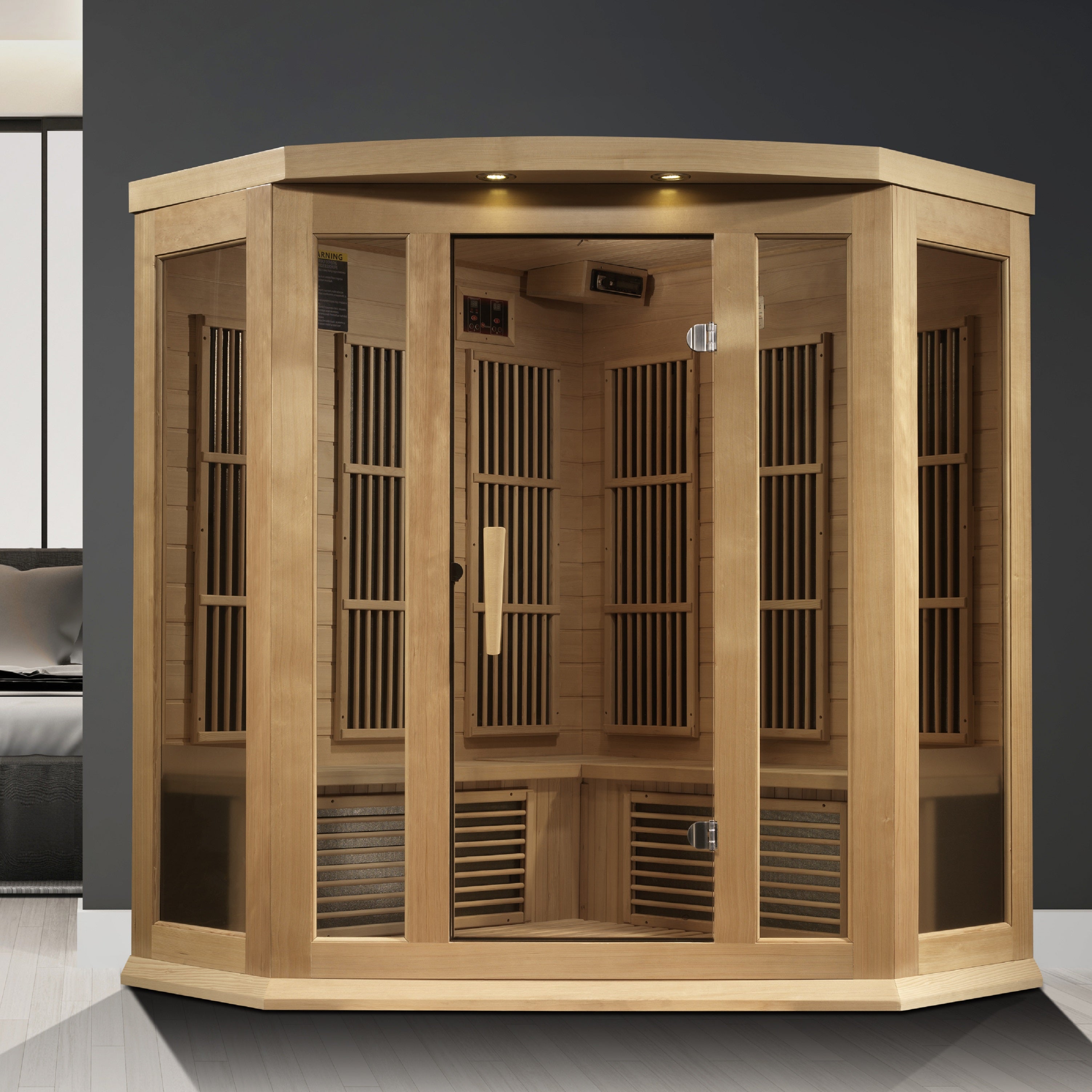 Maxxus 3–Person Corner Near Zero-EMF FAR Infrared Sauna (Canadian Hemlock) — with Chromotherapy & Bluetooth Audio