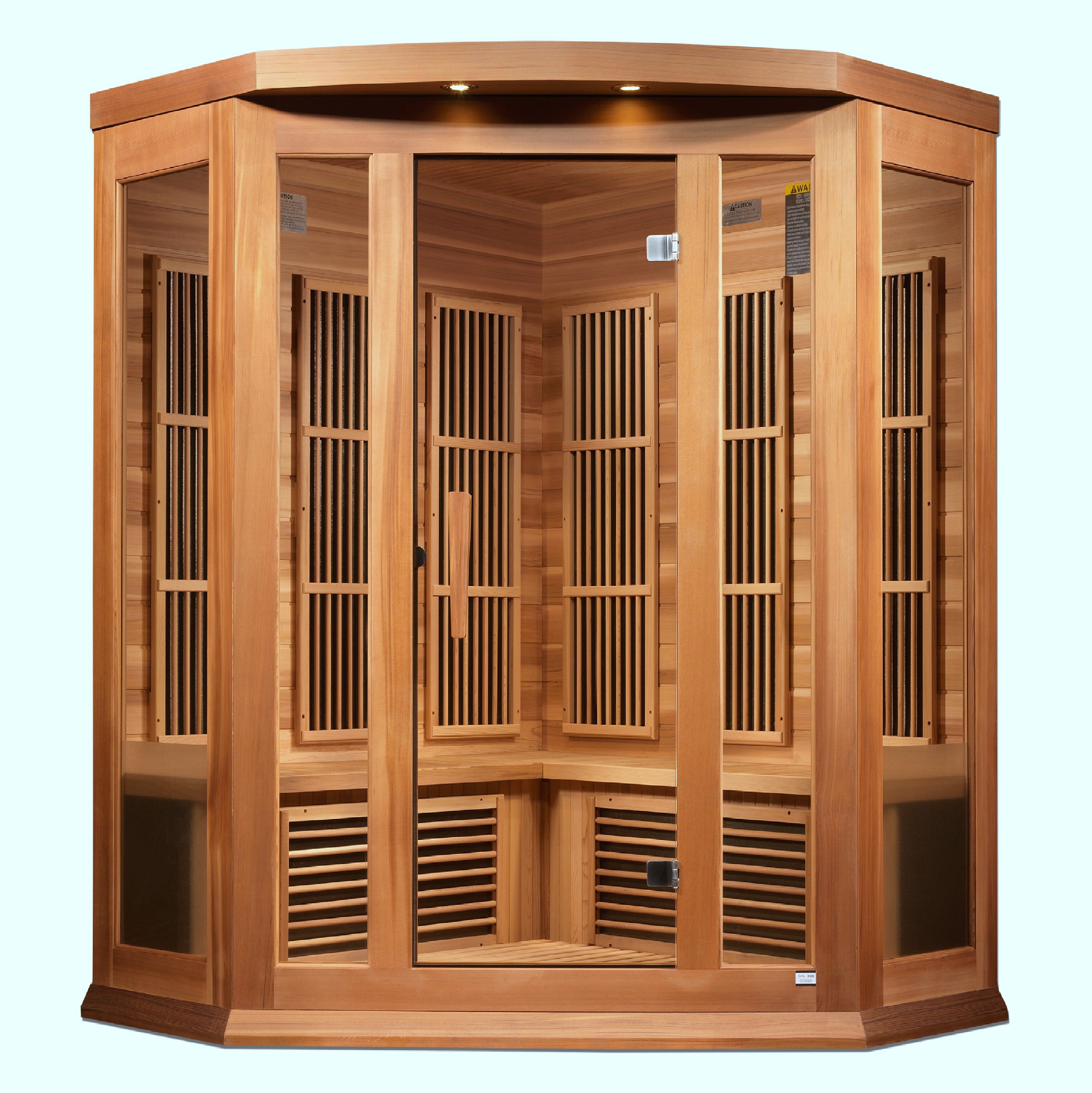 Maxxus 3–Person Corner Low-EMF (5–10 mG) FAR Infrared Sauna (Canadian Red Cedar) — with Chromotherapy & Bluetooth Audio