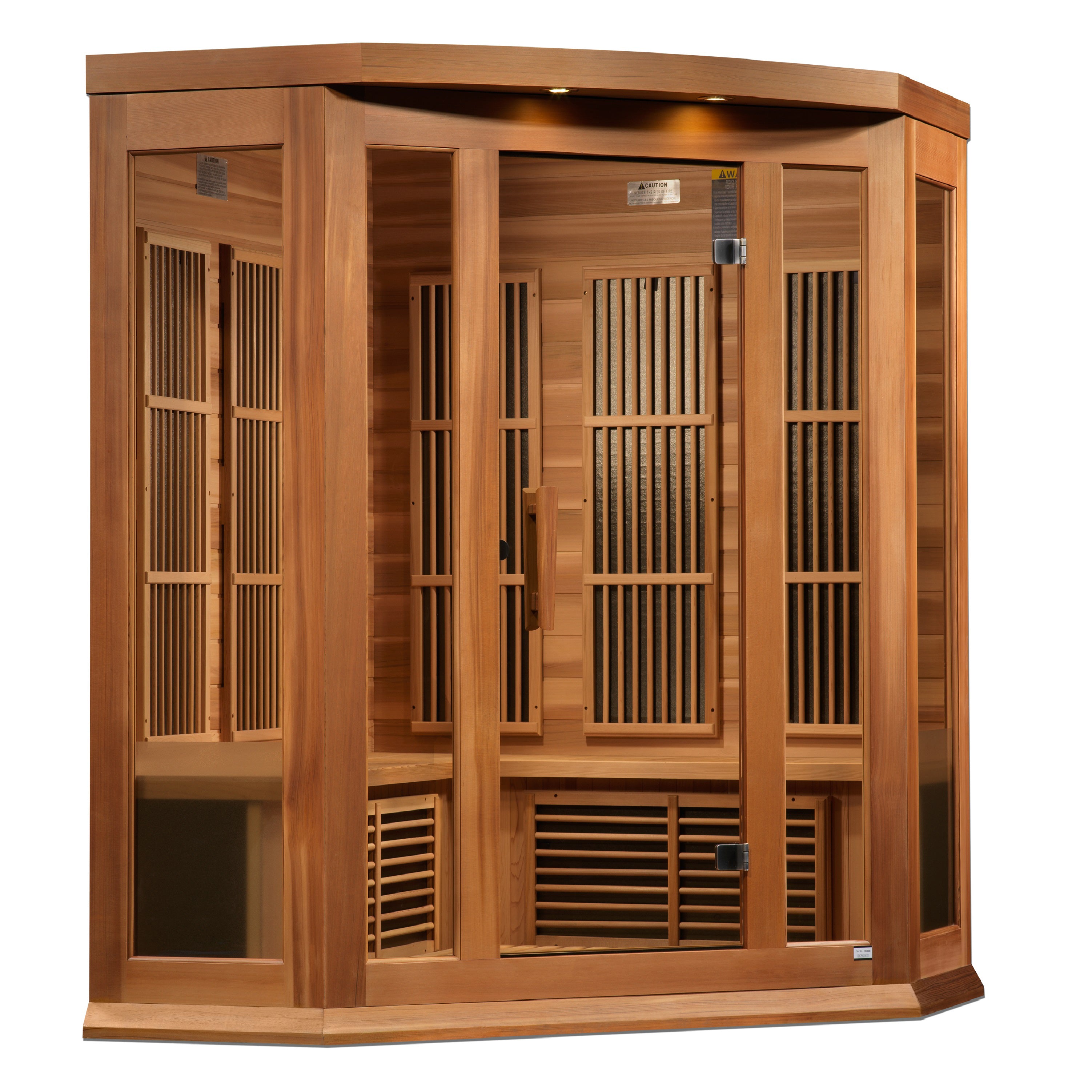 Maxxus 3–Person Corner Low-EMF (5–10 mG) FAR Infrared Sauna (Canadian Red Cedar) — with Chromotherapy & Bluetooth Audio