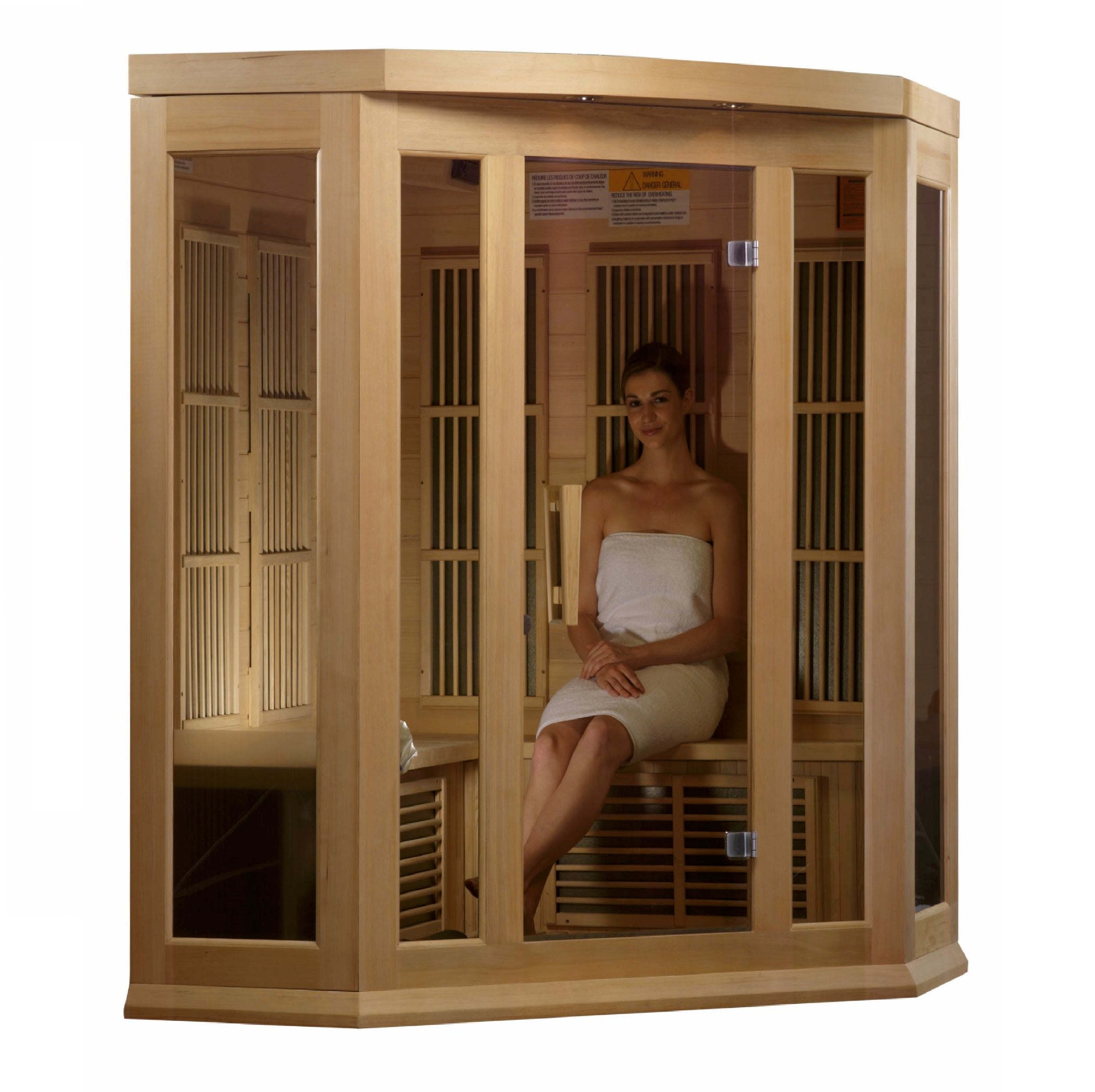 Maxxus 3–Person Corner Low-EMF Infrared Sauna (Canadian Hemlock) — with Chromotherapy & Bluetooth Audio