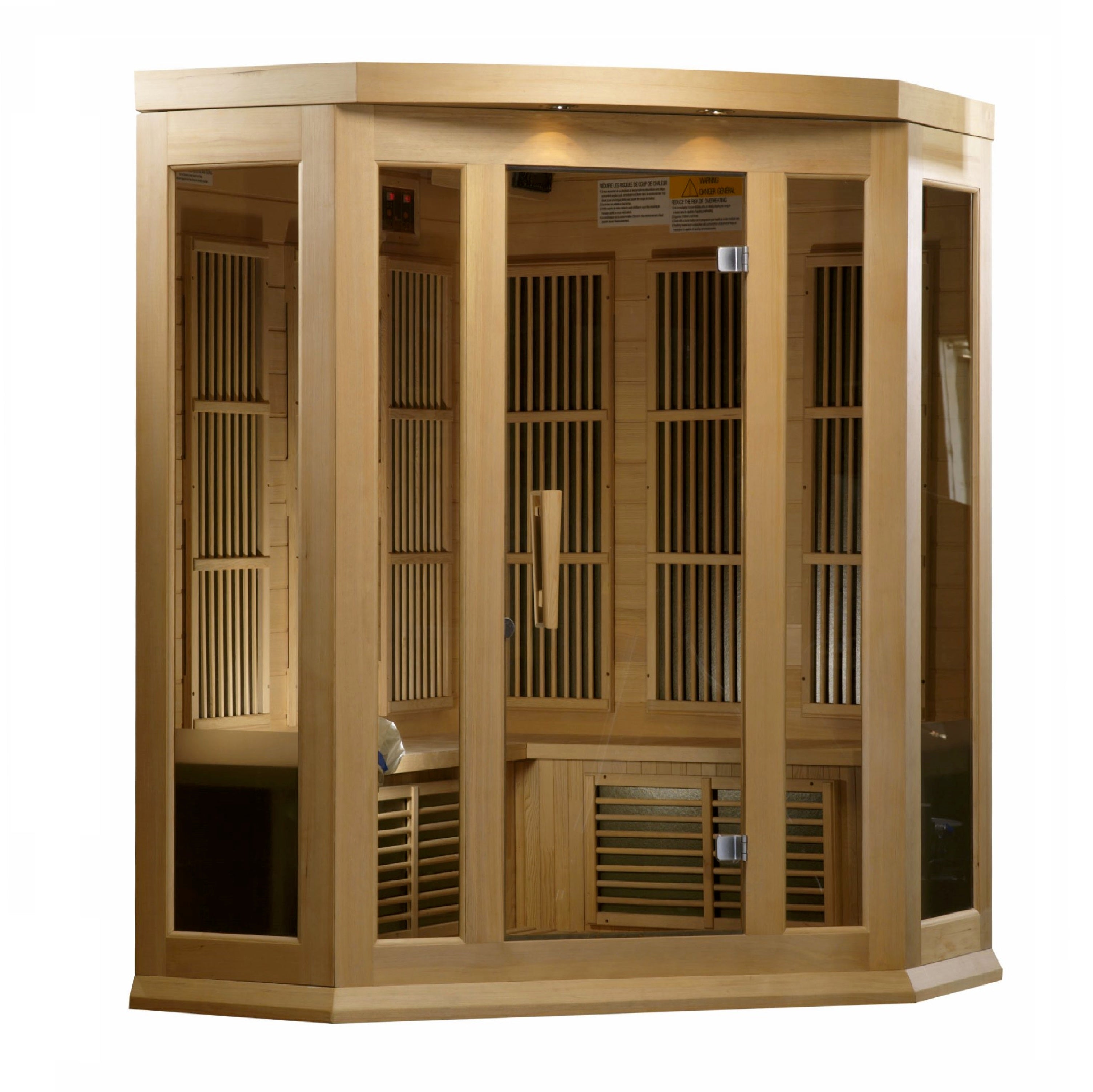 Maxxus 3–Person Corner Low-EMF Infrared Sauna (Canadian Hemlock) — with Chromotherapy & Bluetooth Audio