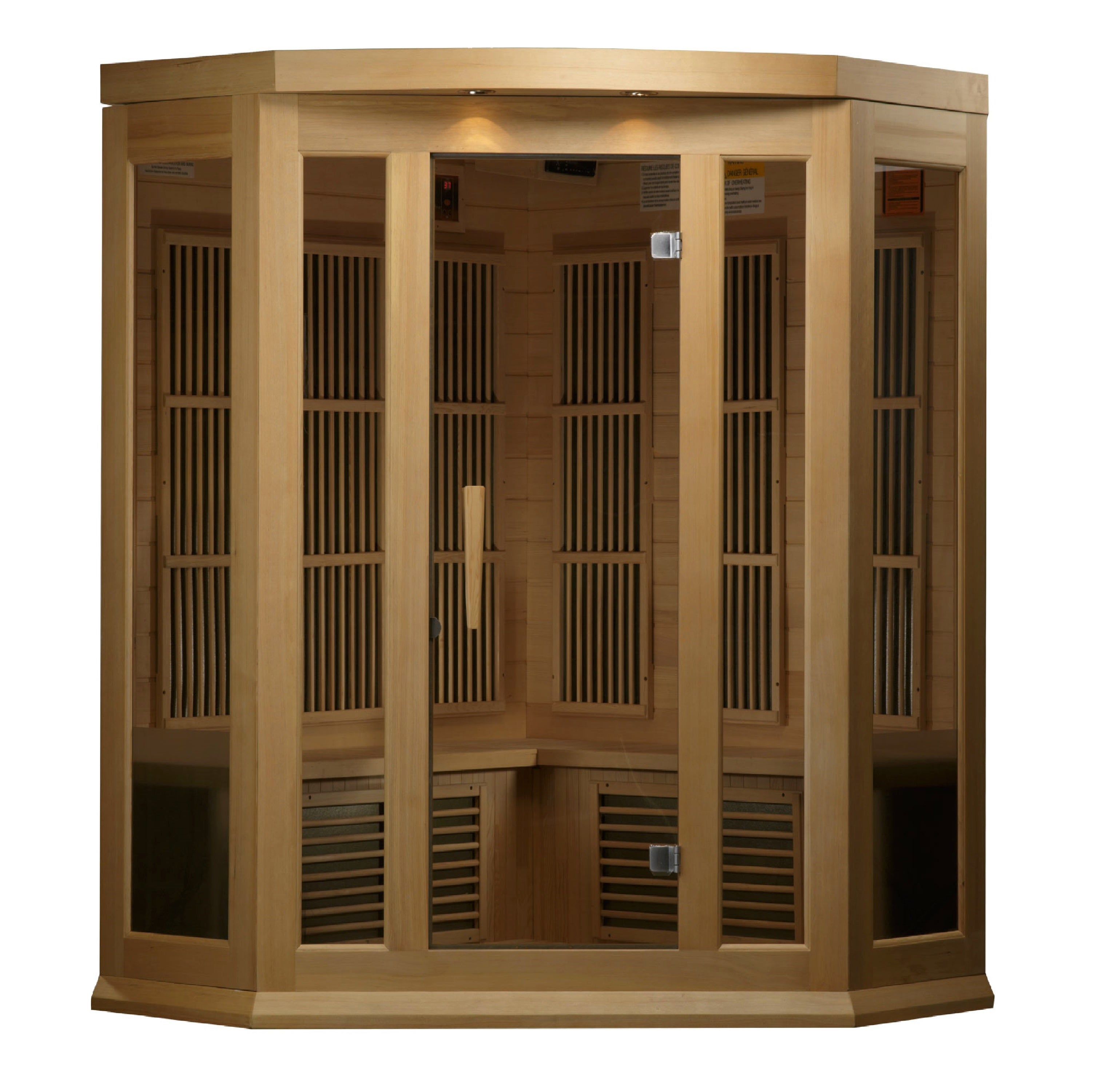 Maxxus 3–Person Corner Low-EMF Infrared Sauna (Canadian Hemlock) — with Chromotherapy & Bluetooth Audio