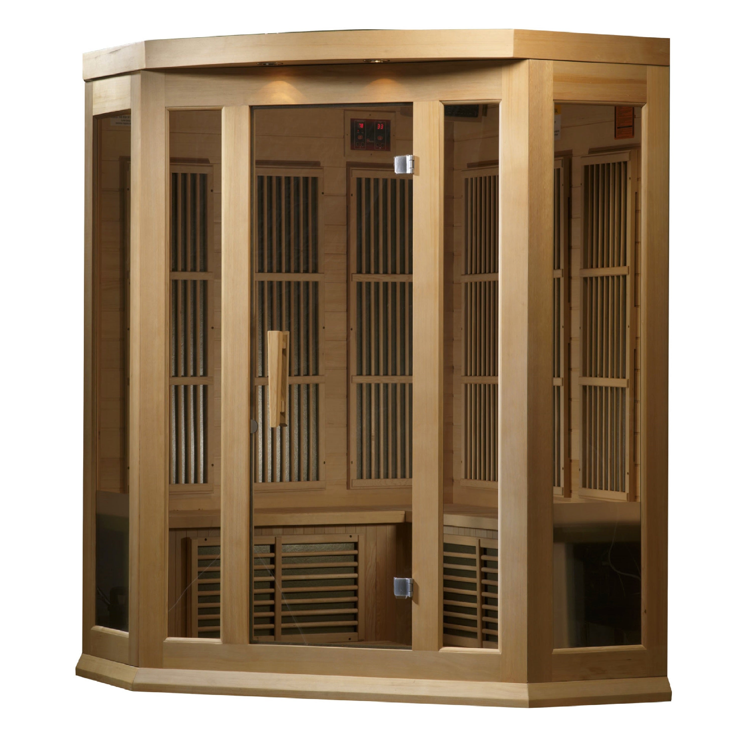 Maxxus 3–Person Corner Low-EMF Infrared Sauna (Canadian Hemlock) — with Chromotherapy & Bluetooth Audio