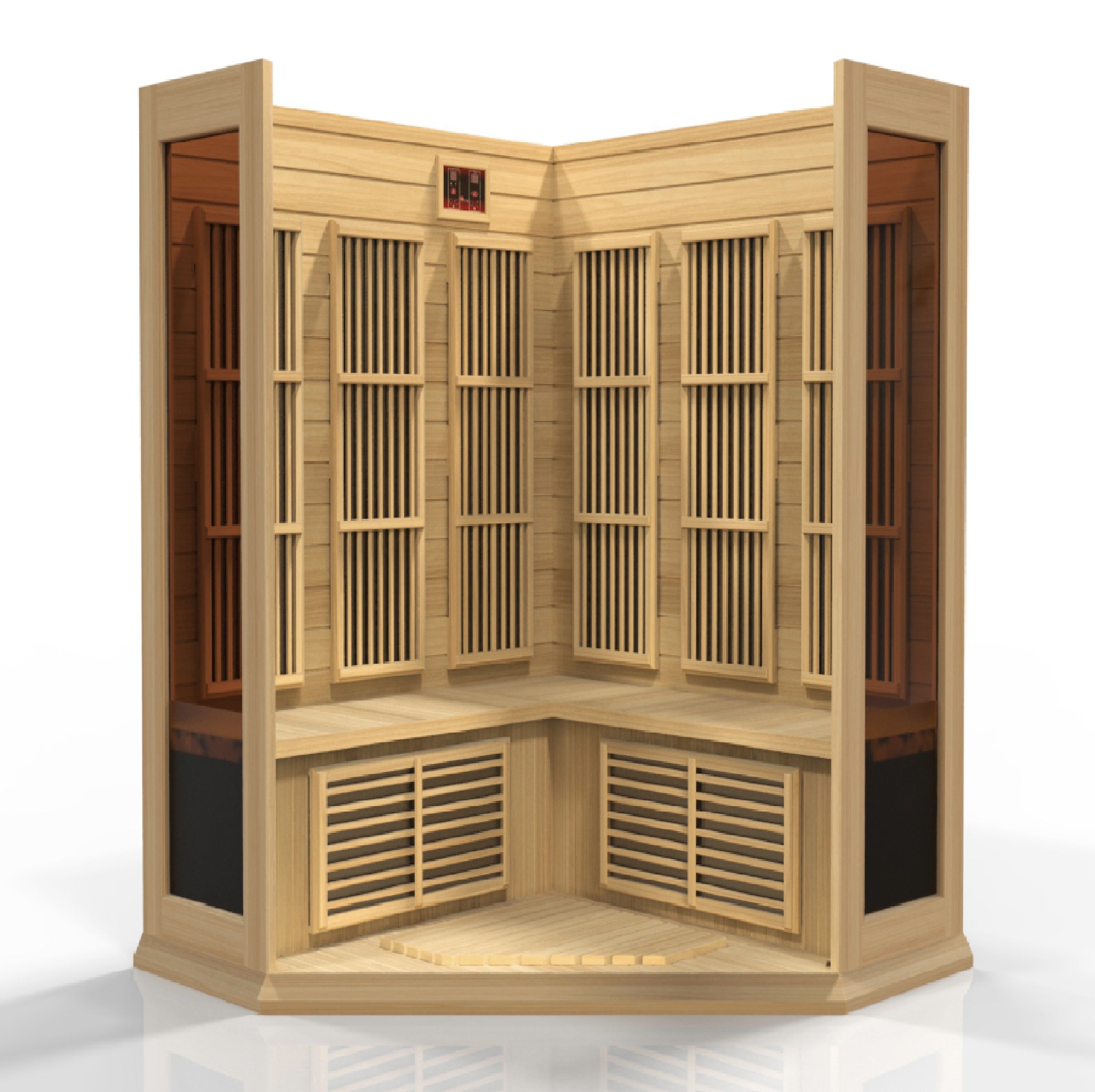 Maxxus 3–Person Corner Low-EMF Infrared Sauna (Canadian Hemlock) — with Chromotherapy & Bluetooth Audio