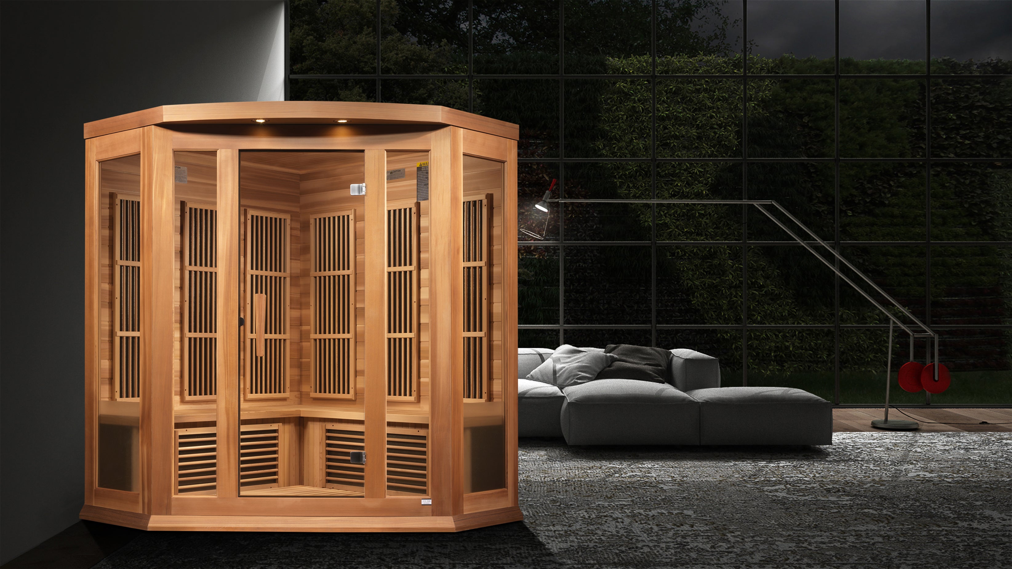Maxxus 3–Person Corner Near Zero-EMF FAR Infrared Sauna (Canadian Red Cedar) — with Chromotherapy & Bluetooth Audio