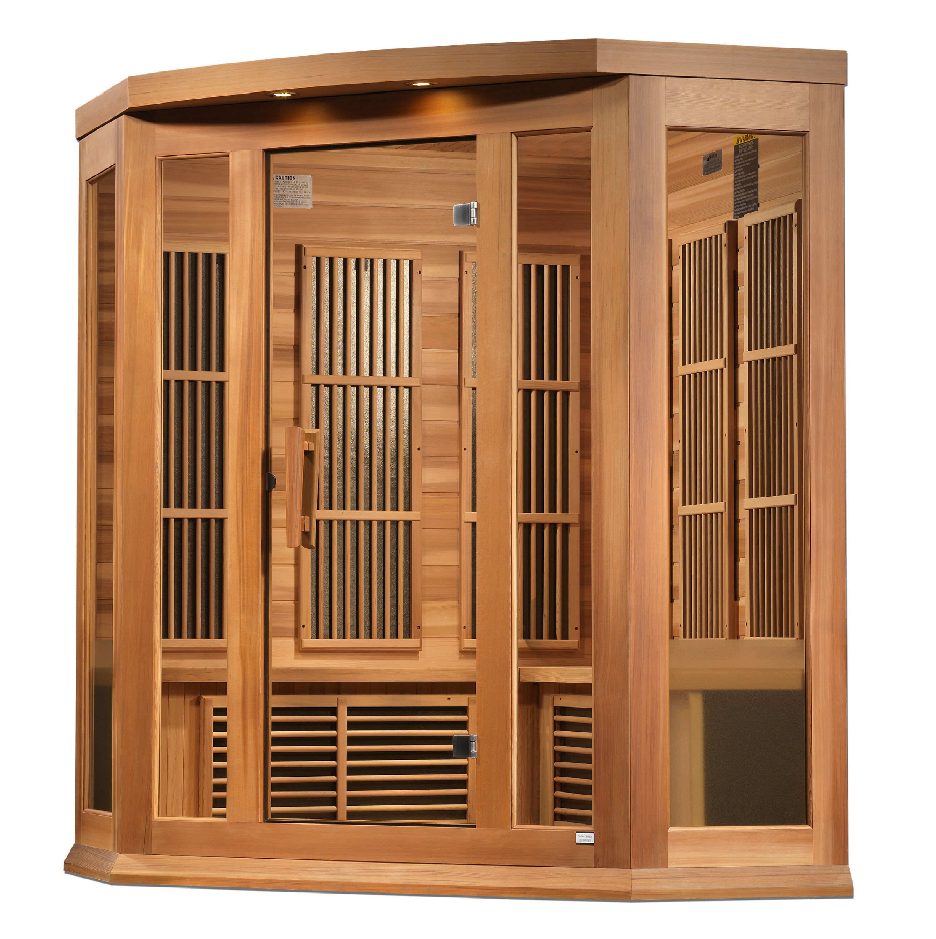 Maxxus 3–Person Corner Near Zero-EMF FAR Infrared Sauna (Canadian Red Cedar) — with Chromotherapy & Bluetooth Audio
