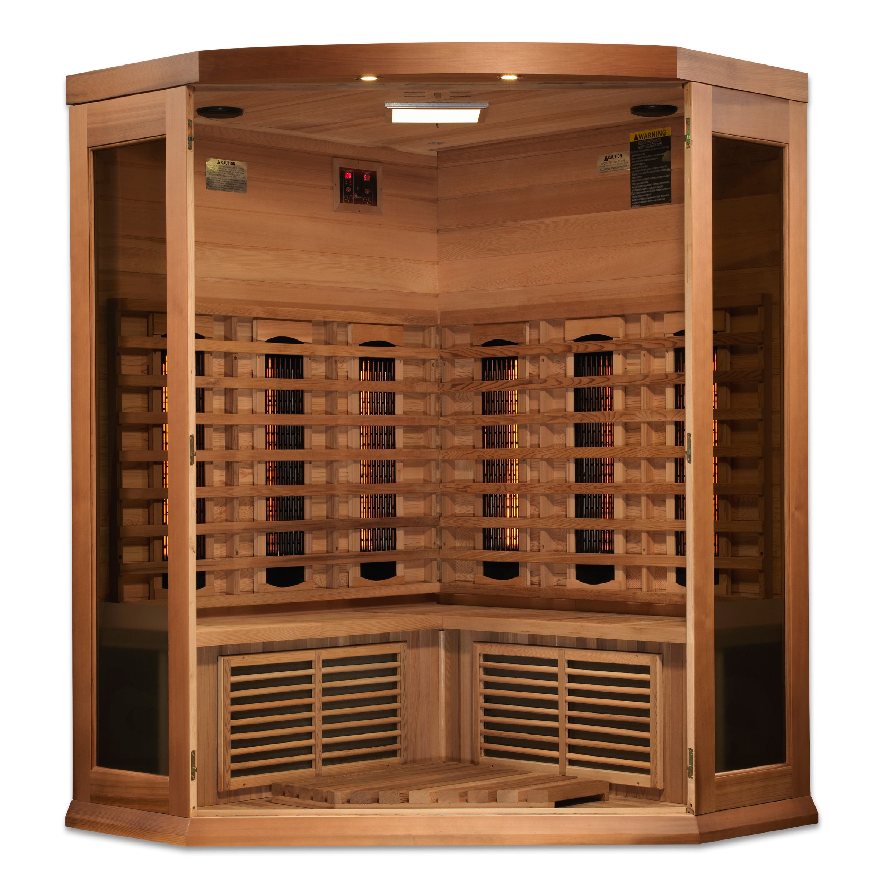 Maxxus 3–Person Corner Full-Spectrum Near-Zero EMF FAR Infrared Sauna (Canadian Red Cedar) — with Chromotherapy & Bluetooth Audio