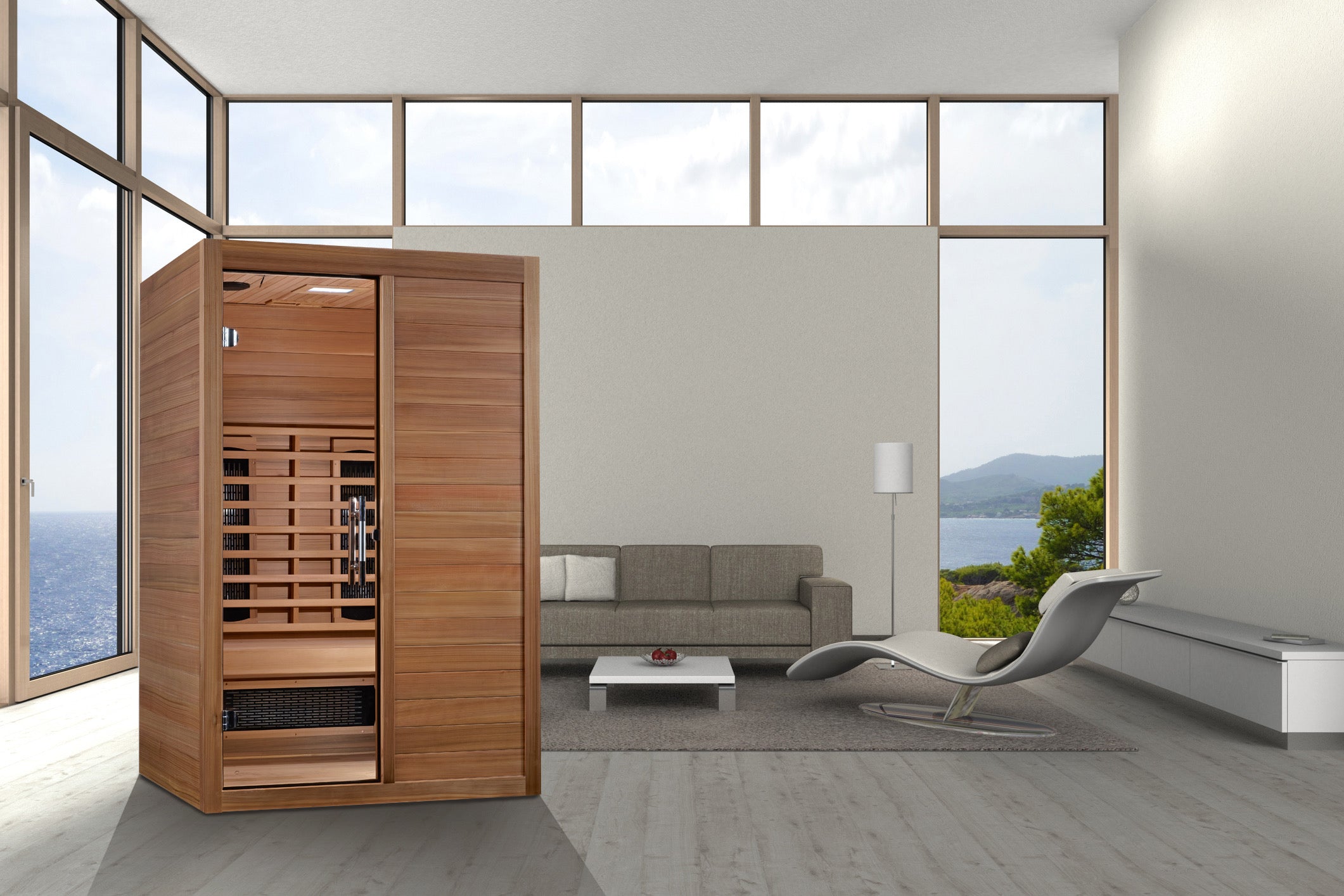 Maxxus S-Line Yoga 2–Person Full-Spectrum Near-Zero EMF FAR Infrared Sauna (Pacific Cedar) — with Chromotherapy & Bluetooth Audio